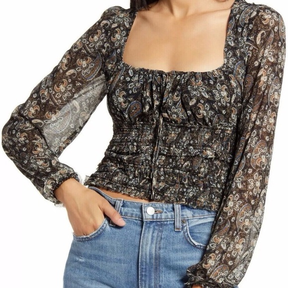 Free People Tops - Free People Women M Black Paisley Boho Long Sleeve Smocked Lolita Peasant Top